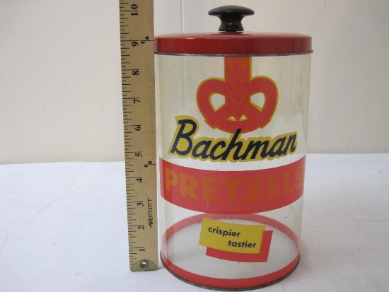 Vintage Plastic Bachman Pretzels Canister with Metal Lid and Base, Transparent Container Co., 7 oz