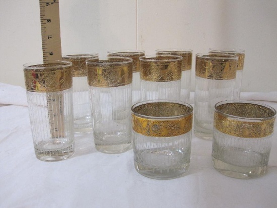 10 Gold-Accented Embossed Ribbed Drinking Glasses, 8 tall glasses & 2 short, 7 lbs