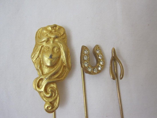 3 Vintage Gold Tone Hat/Stick Pins including horseshoe and wishbone marked K14K (1.1 g)