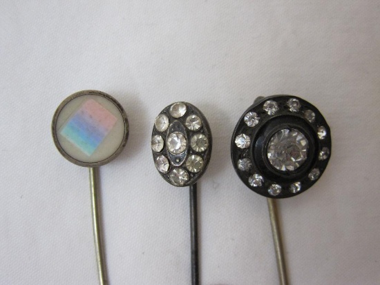 3 Vintage Hat/Stick Pins including 2 round with gemstones and 1 marked sterling silver (1.1 g)