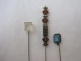 3 Vintage Hat/Stick Pins including cut gemstone and acrylic cube