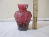 Vintage Etched Cranberry Pilgrim Glass Vase, signed by Kelsey Pilgrim, 6