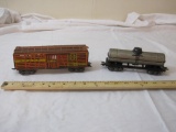 Vintage Metal O Scale Train Cars including Niacet Chemicals Corp Tanker and AT & SF Box Car, 13 oz