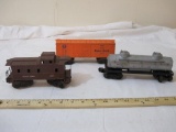 3 Vintage Postwar Lionel O Scale Train Cars including Caboose 6037, PRR Baby Ruth Box Car 6034, and