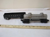 Two Vintage Lionel O Scale Train Cars including Sunoco Tanker, and Lionel 1002 Gondola, metal frame