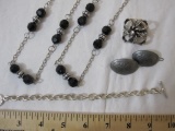 Lot of Women's Silver Tone Jewelry including 2 silver tone and black acrylic beaded necklaces,