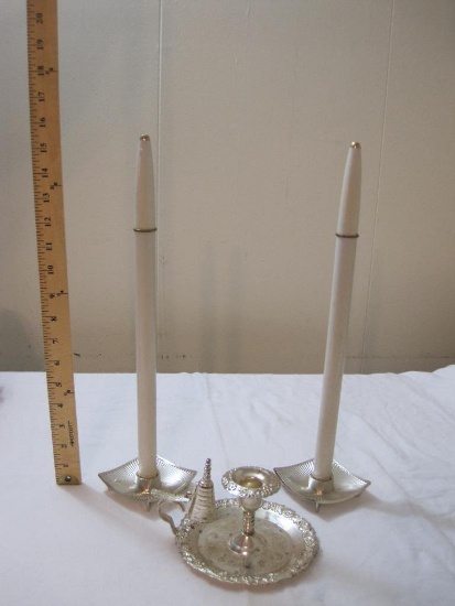 Vintage Refillable Candle Lot and Accessories including 2 15 1/2" Refillable Taper Candles from