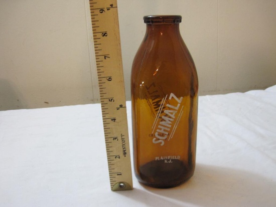 Vintage Schmalz Brown Glass Milk Bottle, one quart, Plainfield New Jersey, 8 1/2" tall, 1 lb 2 oz