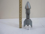 Vintage 1957-A Berzac Creation Metal Rocket Spring Bank, Astro Mfg, missing part of one fin (see