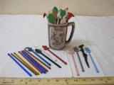 Lot of Vintage Swizzle Sticks in Ceramic Gaslight Village Lake George NY Mug, including several