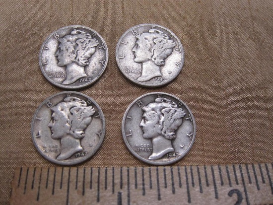 Four Mercury Dimes US Silver Coins: three-1942 and 1942-D, 9.6 g