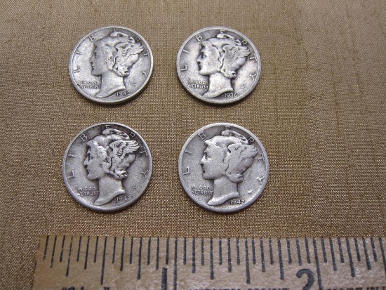 Four Mercury Dimes US Silver Coins: 1936, two-1942, 1942-D, 9.7 g