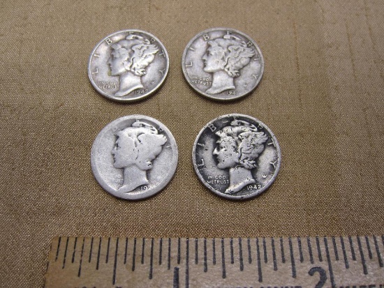 Four Mercury Dimes US Silver Coins: 192?, 1941, 1942, and 1942-D, 9.5 g