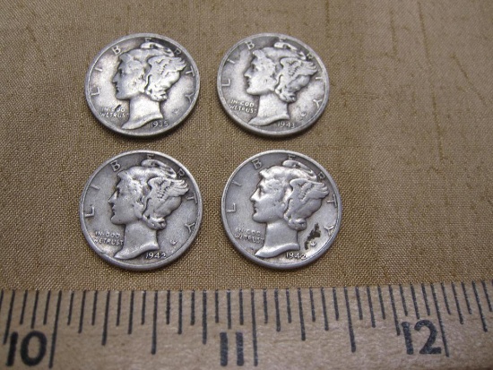 Four Mercury Dimes US Silver Coins: 1935, two-1942, 1943-D, 9.8 g