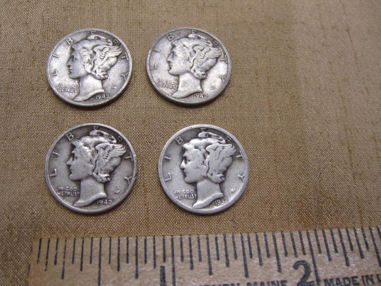 Four Mercury Dimes US Silver Coins: three-1942 and 1937-D, 9.6 g