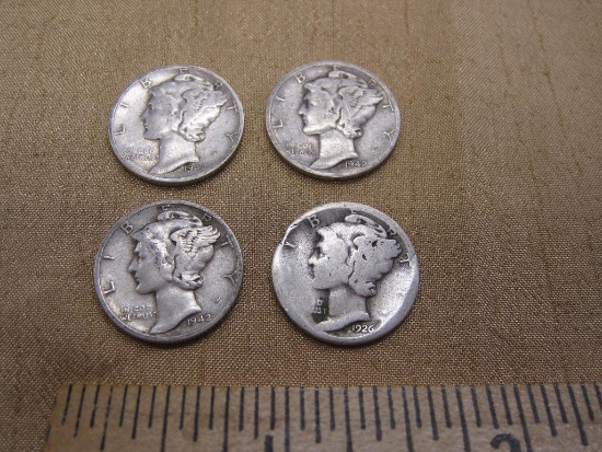 Four Mercury Dimes US Silver Coins: 1926, two-1942 and 1942-S, 9.5 g