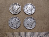 Four Silver US Mercury Dimes, three 1942, 1942S, 9.8g