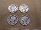 Four US Silver Dimes, 1942D, 1920, 1924, and 1943, 9.5g