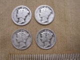 Four US Silver Mercury Dimes, 1918, 1919, two 1942, 9.4g
