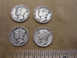 Four Mercury Dimes US Silver Coins: 1935, two-1942 and 1942-D, 9.7 g