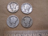 Four Mercury Dimes US Silver Coins: 1917, 1920?, 1935, and 1942, 9.3 g