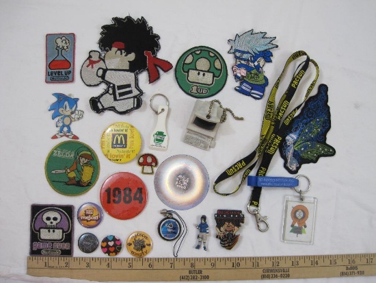 Lot of Misc Patches, Pins, & Keychains from Nintendo, South Park, and more, 7 oz