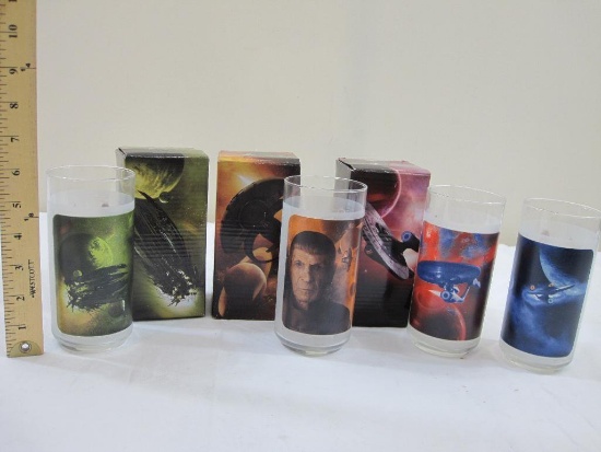 Set of 4 Star Trek Drinking Glasses, 2008 Paramount Pictures including Captain Kirk (no box), Spock,