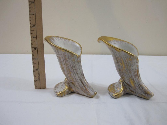 Pair of Haeger Pottery Gold Tweed Glaze Horn Candle Holders, 22K Gold, 5" tall, 1 lb 6 oz Item is