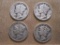 Four US Mercury silver dimes: 1924, 1936, 1941 and 1943, .34 oz
