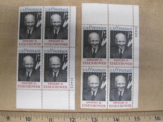 Two blocks of four Eisenhower 6-cent US Stamps, #1383