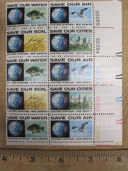 One block of 10 Save Our Air US 6-cent stamps, #s1410-1413