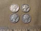 Four US Mercury silver 1941 dimes, one 1941S and three 1941, .34 oz