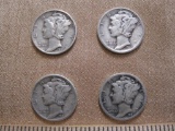 Four US Mercury silver dimes, one 1941D and three 1941, .34 oz
