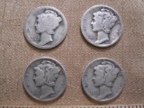 Four US Mercury silver dimes, one 1916, one 1935S and two 1941, .33 oz