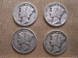 Four US Mercury silver dimes: 1924, 1936, 1941 and 1943, .34 oz
