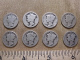 Eight silver dimes, assorted dates, .63 oz