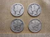 Four US Mercury silver dimes: 1919, 1926, 1936 and 1942, .34 oz