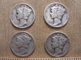 Four silver dimes one 1941 and three 1940, .34 oz
