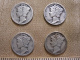 Four US Mercury silver dimes, one 1924, one 1930, one 1936 and one 1941, .34 oz