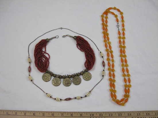 Lot of 3 Vintage Necklaces, Red glass hank beaded necklace with brass beads and coins, Orange