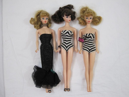 Three Barbie Dolls by Mattel, 1993 Replicas of the 1958 Barbie, two blonde and one brunette, 1 lb 3