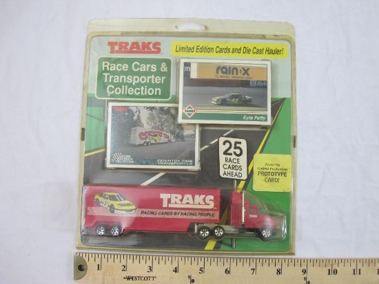 Traks Race Cars & Transporter Collection with limited edition cards and die cast hauler, 1992,