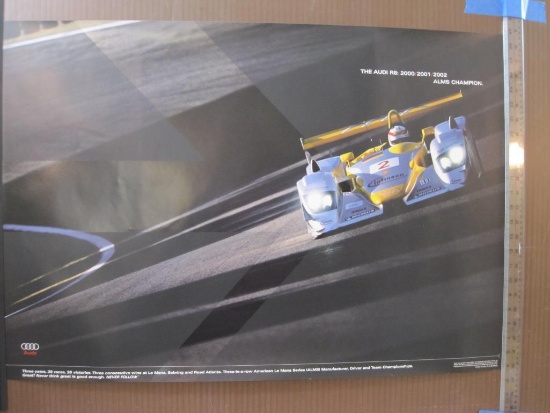 Audi R8's Racing Poster, ALMS Champion 2000, 2001, 2002, 23" x 34", contains minor damage to bottom