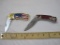 2 Pocket Knives, 7 inch Wolf scene, stainless steel blade and 7 inch American Flag and Native