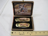 2 Knife Set, Native American theme, 7 inch and 6 inch, stainless blade with gold tone handles, in