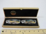 2 Knife Set, Native American theme, 6 inch, stainless blades, silver tone handles, in original case,