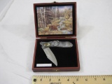 7 inch Cast Grizzly Bear Pocket Knife, stainless steel blade, inset scene on the handle, in original