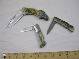 3 Pocket Knives, stainless steel blades, 8 inch Cast Horse Head, 6 inch Winchester and 6 inch Wolf
