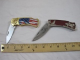 2 Pocket Knives, 7 inch Wolf scene, stainless steel blade and 7 inch American Flag and Native