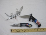 3 Pocket Knives, stainless steel blades, two Patriotic theme and one stainless steel multi function